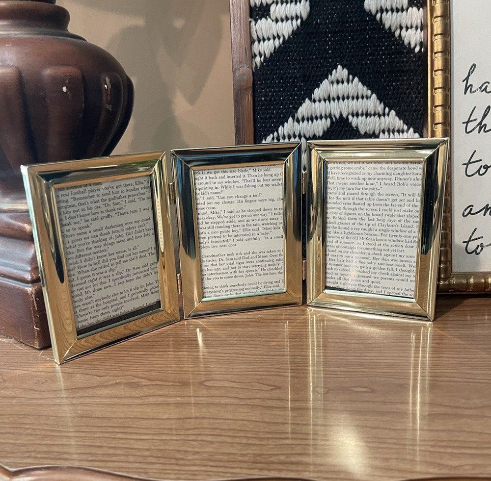 Vintage Gold Metal Tri-Fold Picture Frame | Holds Three 3x5 Photos | Minimalist